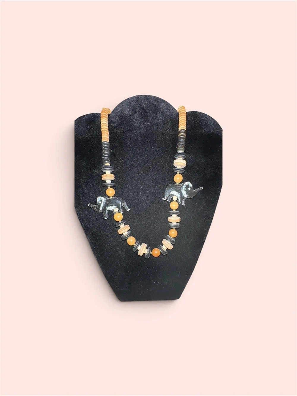 Vintage Handcrafted Elephant Pendant Necklace - Black & Tan Beads